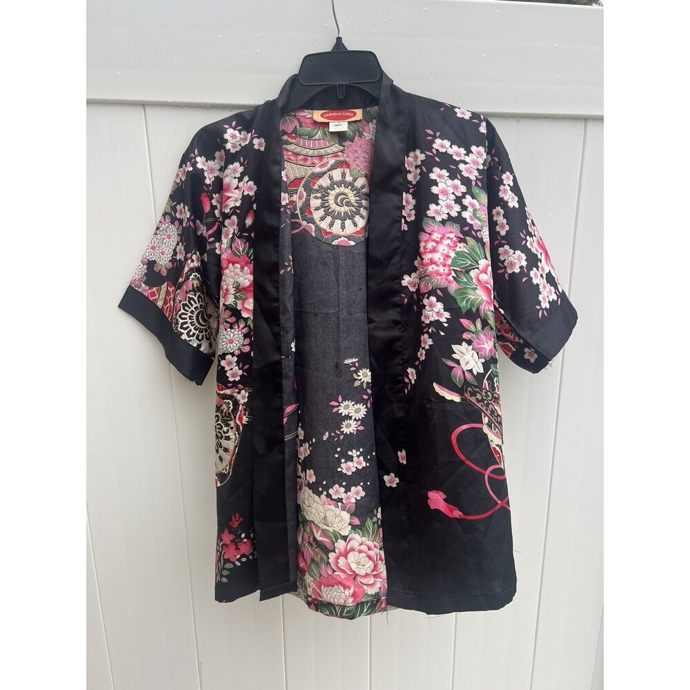Shanghai Soho Womens Satin Kimono Top Floral Short Sleeve Sz Small